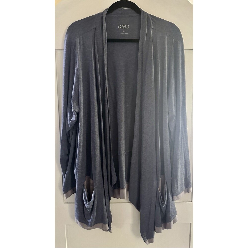 Lot Of 2 LOGO Lori Goldstein Blue Stretch Knit Open Front Cardigan Pockets Sz 2X